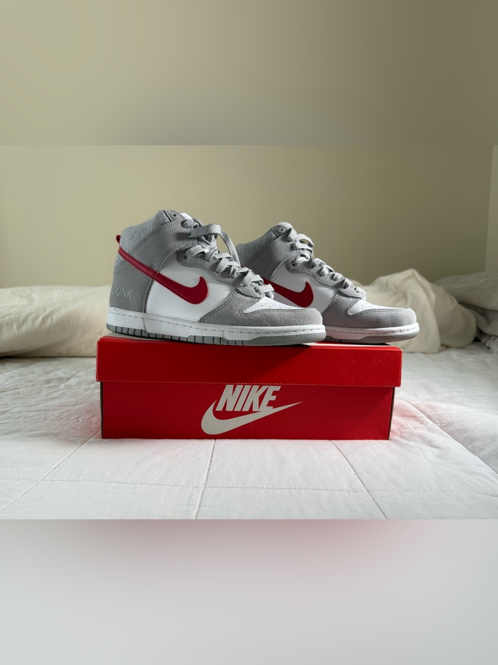 Nike Dunks Kids Mid-Top Sneakers in White, Gray & Red